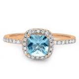 1.50 Carat (ctw) 10K Rose Gold Cushion Cut Blue Topaz & Round Cut White Diamond Ladies Bridal Halo Style Engagement Ring 1 1/2 CT