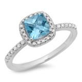 1.50 Carat (ctw) 14K White Gold Cushion Cut Blue Topaz & Round Cut White Diamond Ladies Bridal Halo Style Engagement Ring 1 1/2 CT
