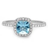 1.50 Carat (ctw) 14K White Gold Cushion Cut Blue Topaz & Round Cut White Diamond Ladies Bridal Halo Style Engagement Ring 1 1/2 CT