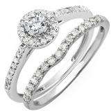 0.60 Carat (ctw) 14K White Gold Round Diamond Ladies Bridal Halo Engagement Ring With Matching Band Set