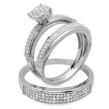 0.50 Carat (ctw) Sterling Silver Round Cut Diamond Men & Women's Micro Pave Engagement Ring Trio Bridal Set 1/2 CT