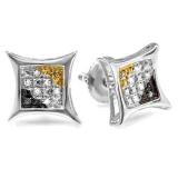 0.06 Carat (ctw) Sterling Silver Round Cut Black White & Yellow Diamond Mens Kite Shape Hip Hop Stud Earrings