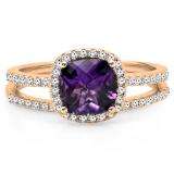1.75 Carat (ctw) 10K Rose Gold Cushion Cut Amethyst & Round Cut White Diamond Ladies Bridal Halo Engagement Ring With Matching Band Set 1 3/4 CT