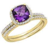 1.75 Carat (ctw) 14K Yellow Gold Cushion Cut Amethyst & Round Cut White Diamond Ladies Bridal Halo Engagement Ring With Matching Band Set 1 3/4 CT