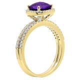 1.75 Carat (ctw) 14K Yellow Gold Cushion Cut Amethyst & Round Cut White Diamond Ladies Bridal Halo Engagement Ring With Matching Band Set 1 3/4 CT