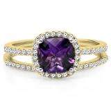 1.75 Carat (ctw) 14K Yellow Gold Cushion Cut Amethyst & Round Cut White Diamond Ladies Bridal Halo Engagement Ring With Matching Band Set 1 3/4 CT