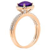 1.75 Carat (ctw) 18K Rose Gold Cushion Cut Amethyst & Round Cut White Diamond Ladies Bridal Halo Engagement Ring With Matching Band Set 1 3/4 CT