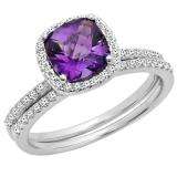 1.75 Carat (ctw) 18K White Gold Cushion Cut Amethyst & Round Cut White Diamond Ladies Bridal Halo Engagement Ring With Matching Band Set 1 3/4 CT