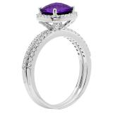 1.75 Carat (ctw) 18K White Gold Cushion Cut Amethyst & Round Cut White Diamond Ladies Bridal Halo Engagement Ring With Matching Band Set 1 3/4 CT