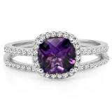 1.75 Carat (ctw) 18K White Gold Cushion Cut Amethyst & Round Cut White Diamond Ladies Bridal Halo Engagement Ring With Matching Band Set 1 3/4 CT