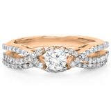 1.00 Carat (ctw) 14K Rose Gold Round Cut Diamond Ladies Bridal Swirl Split Shank Engagement Ring With Matching Band Set 1 CT