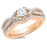 1.00 Carat (ctw) 14K Rose Gold Round Cut Diamond Ladies Bridal Swirl Split Shank Engagement Ring With Matching Band Set 1 CT