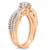 1.00 Carat (ctw) 14K Rose Gold Round Cut Diamond Ladies Bridal Swirl Split Shank Engagement Ring With Matching Band Set 1 CT