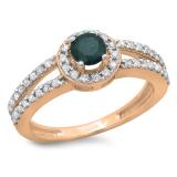0.90 Carat (ctw) 10K Rose Gold Round Cut Blue & White Diamond Ladies Bridal Split Shank Halo Style Engagement Ring