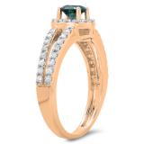0.90 Carat (ctw) 10K Rose Gold Round Cut Blue & White Diamond Ladies Bridal Split Shank Halo Style Engagement Ring