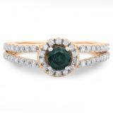 0.90 Carat (ctw) 10K Rose Gold Round Cut Blue & White Diamond Ladies Bridal Split Shank Halo Style Engagement Ring