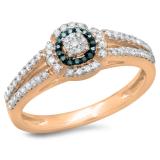 0.40 Carat (ctw) 10K Rose Gold Round Cut Blue & White Diamond Ladies Bridal Split Shank Halo Engagement Ring