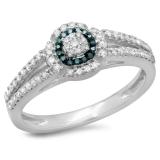 0.40 Carat (ctw) 10K White Gold Round Cut Blue & White Diamond Ladies Bridal Split Shank Halo Engagement Ring