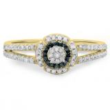 0.40 Carat (ctw) 10K Yellow Gold Round Cut Blue & White Diamond Ladies Bridal Split Shank Halo Engagement Ring