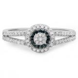 0.40 Carat (ctw) 14K White Gold Round Cut Blue & White Diamond Ladies Bridal Split Shank Halo Engagement Ring
