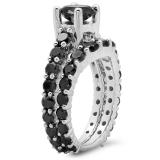 5.25 Carat (ctw) 18K White Gold Round Cut Black Diamond Ladies Bridal Engagement Ring With Matching Band Set