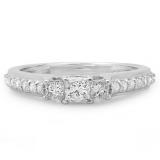 0.85 Carat (ctw) 10K White Gold Princess & Round Cut Diamond Ladies Bridal 3 Stone Engagement Ring