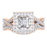 1.40 Carat (ctw) 14K Rose Gold Princess & Round Cut Diamond Ladies Twisted Split Shank Bridal Halo Engagement Ring With Matching Band Set