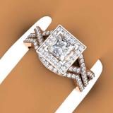 1.40 Carat (ctw) 14K Rose Gold Princess & Round Cut Diamond Ladies Twisted Split Shank Bridal Halo Engagement Ring With Matching Band Set