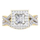 1.40 Carat (ctw) 14K Yellow Gold Princess & Round Cut Diamond Ladies Twisted Split Shank Bridal Halo Engagement Ring With Matching Band Set