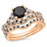 1.60 Carat (ctw) 10K Rose Gold Round Black & White Diamond Ladies Halo Style Bridal Engagement Ring Matching Band Set