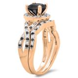 1.60 Carat (ctw) 10K Rose Gold Round Black & White Diamond Ladies Halo Style Bridal Engagement Ring Matching Band Set
