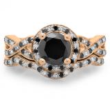 1.60 Carat (ctw) 10K Rose Gold Round Black & White Diamond Ladies Halo Style Bridal Engagement Ring Matching Band Set