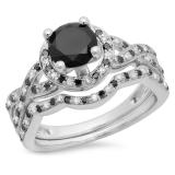 1.60 Carat (ctw) 10K White Gold Round Black & White Diamond Ladies Halo Style Bridal Engagement Ring Matching Band Set