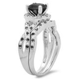 1.60 Carat (ctw) 10K White Gold Round Black & White Diamond Ladies Halo Style Bridal Engagement Ring Matching Band Set