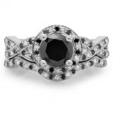 1.60 Carat (ctw) 10K White Gold Round Black & White Diamond Ladies Halo Style Bridal Engagement Ring Matching Band Set