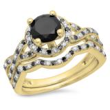 1.60 Carat (ctw) 14K Yellow Gold Round Black & White Diamond Ladies Halo Style Bridal Engagement Ring Matching Band Set