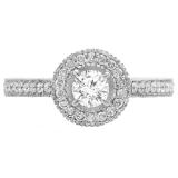 1.00 Carat (ctw) 14K White Gold Round Diamond Ladies Bridal Vintage Halo Style Engagement Ring 1 CT