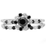 1.10 Carat (ctw) 10K White Gold Round Black & White Diamond Ladies Bridal Halo Engagement Ring With Matching Band Set 1 CT