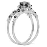 1.10 Carat (ctw) 10K White Gold Round Black & White Diamond Ladies Bridal Halo Engagement Ring With Matching Band Set 1 CT