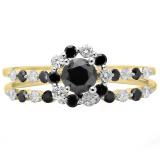 1.10 Carat (ctw) 10K Yellow Gold Round Black & White Diamond Ladies Bridal Halo Engagement Ring With Matching Band Set 1 CT