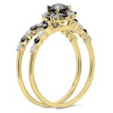 1.10 Carat (ctw) 10K Yellow Gold Round Black & White Diamond Ladies Bridal Halo Engagement Ring With Matching Band Set 1 CT