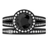 1.50 Carat (ctw) Black Rhodium Plated 10K White Gold Round White & Black Diamond Ladies Split Shank Halo Style Bridal Engagement Ring Set With Matching Band 1 1/2 CT