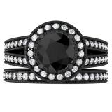 2.25 Carat (ctw) Black Rhodium Plated 14K White Gold Round White & Black Diamond Ladies Split Shank Halo Style Bridal Engagement Ring Set With Matching Band