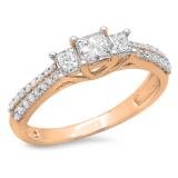 0.90 Carat (ctw) 18K Rose Gold Princess & Round Cut Diamond Ladies Bridal 3 Stone Engagement Ring
