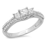 0.90 Carat (ctw) 18K White Gold Princess & Round Cut Diamond Ladies Bridal 3 Stone Engagement Ring