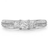 0.90 Carat (ctw) 18K White Gold Princess & Round Cut Diamond Ladies Bridal 3 Stone Engagement Ring