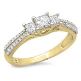 0.90 Carat (ctw) 18K Yellow Gold Princess & Round Cut Diamond Ladies Bridal 3 Stone Engagement Ring