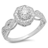 1.15 Carat (ctw) 14K White Gold Round Cut Diamond Ladies Bridal Vintage Style Halo Engagement Ring