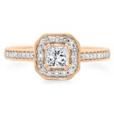 0.80 Carat (ctw) 10K Rose Gold Princess & Round Cut Diamond Ladies Bridal Halo Engagement Ring