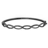 0.10 Carat (ctw) Black Rhodium Plated Sterling Silver Round Cut Black Diamond Ladies Swirl Bangle Bracelet 1/10 CT